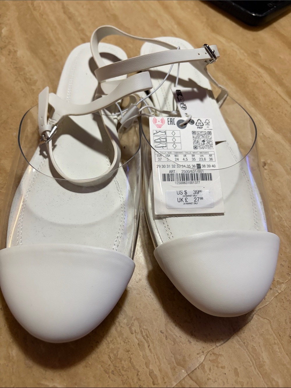 Zara White Ankle-Strap Flats with Clear Bands